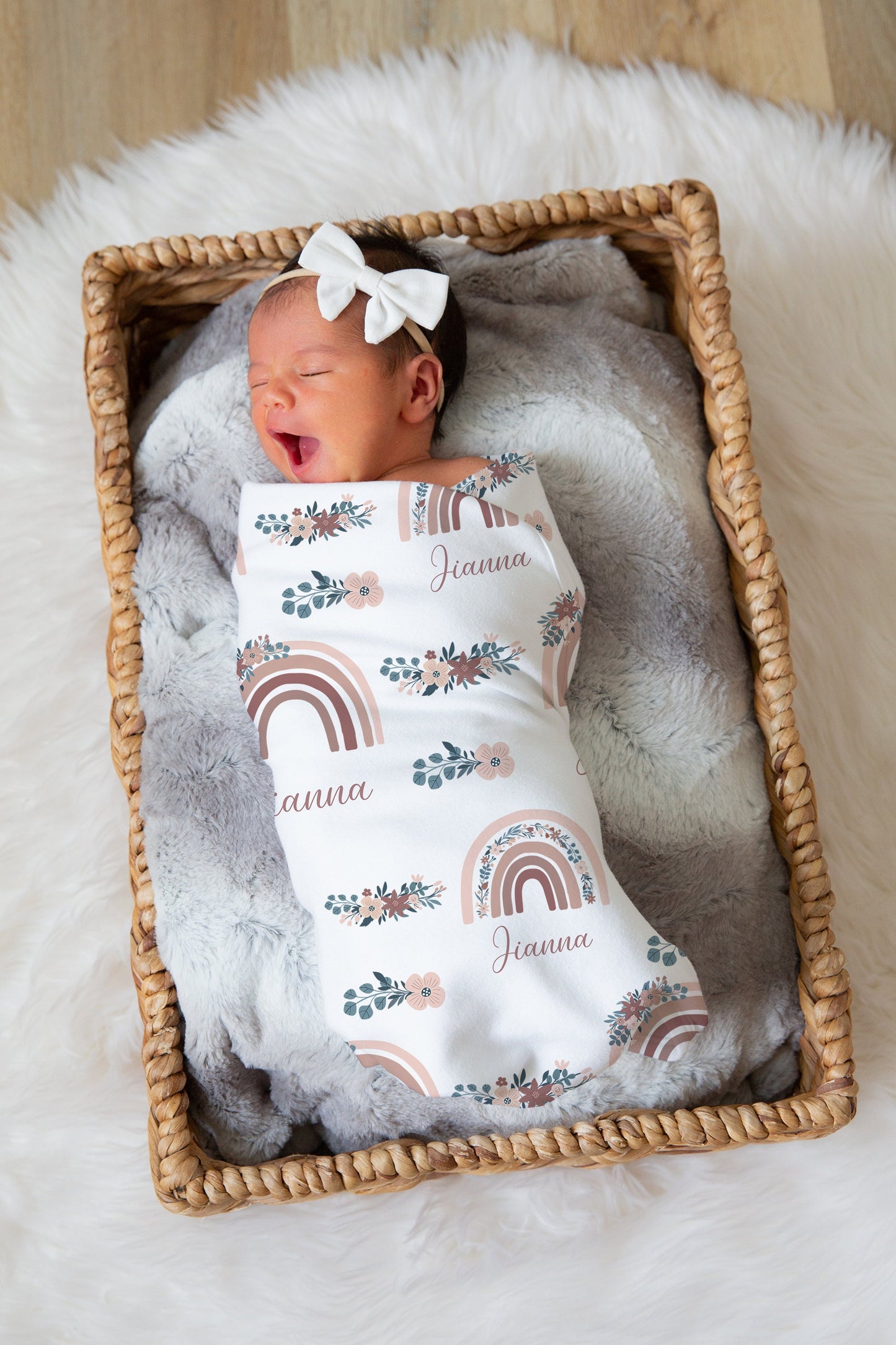 Boho Rainbow Floral Swaddle Blanket, Custom Baby Name Blanket, Baby Girl Personalized Shower Gift