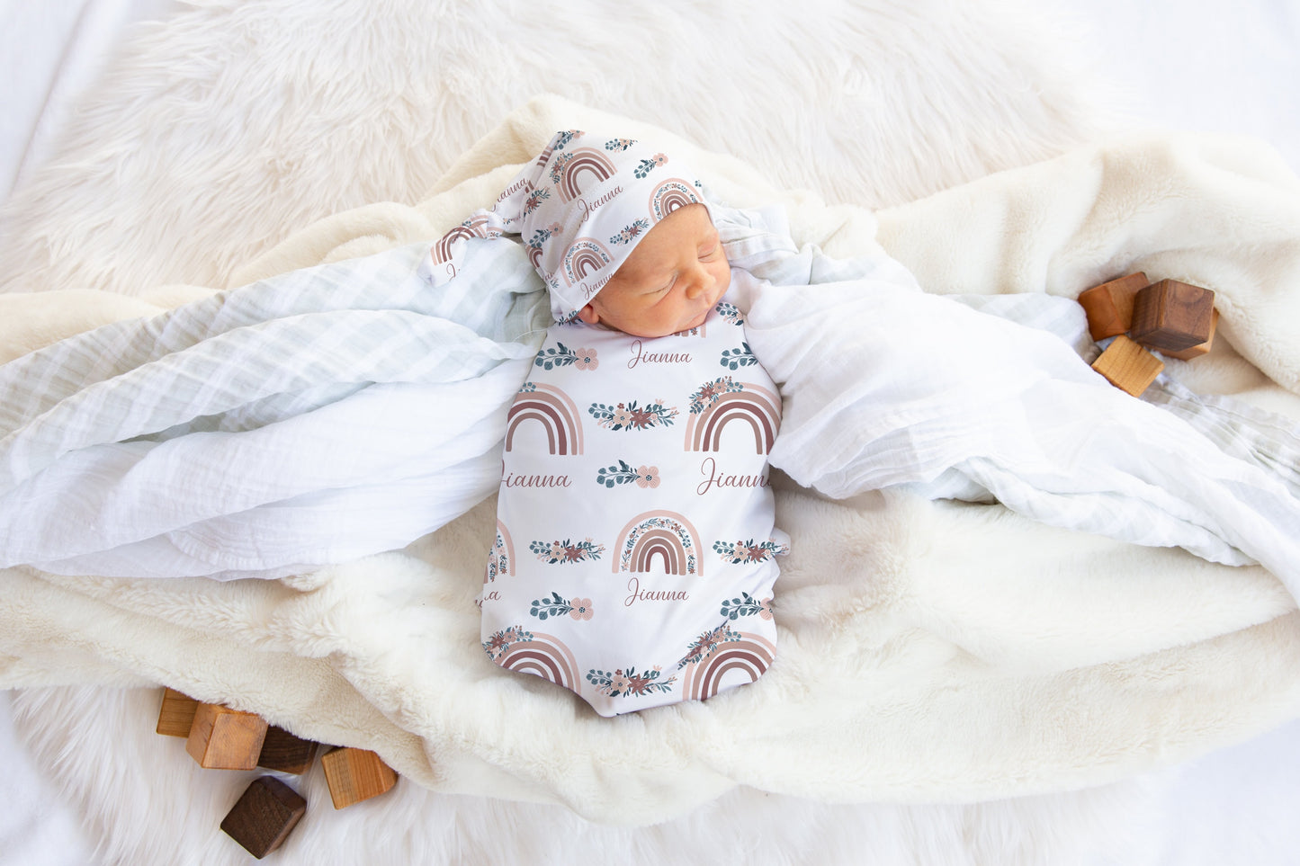 Boho Rainbow Floral Swaddle Blanket, Custom Baby Name Blanket, Baby Girl Personalized Shower Gift