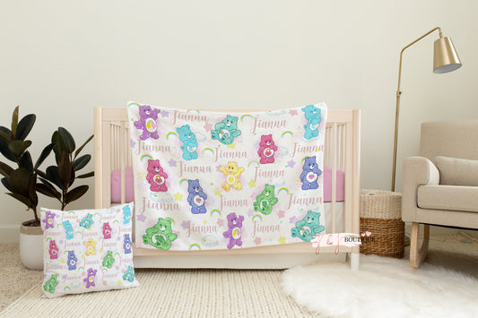 Care Bear Rainbow Custom Baby Blanket, Name Blanket, Baby Shower Gift, New Born Baby Gift, Shower Gift Girl
