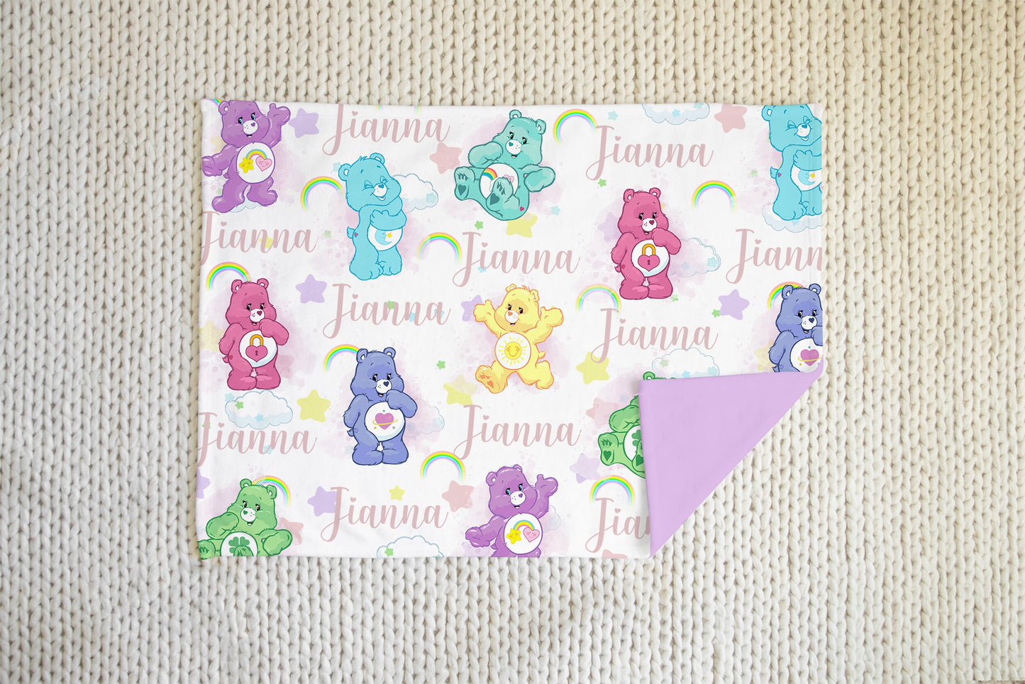 Care Bear Rainbow Custom Baby Blanket, Name Blanket, Baby Shower Gift, New Born Baby Gift, Shower Gift Girl