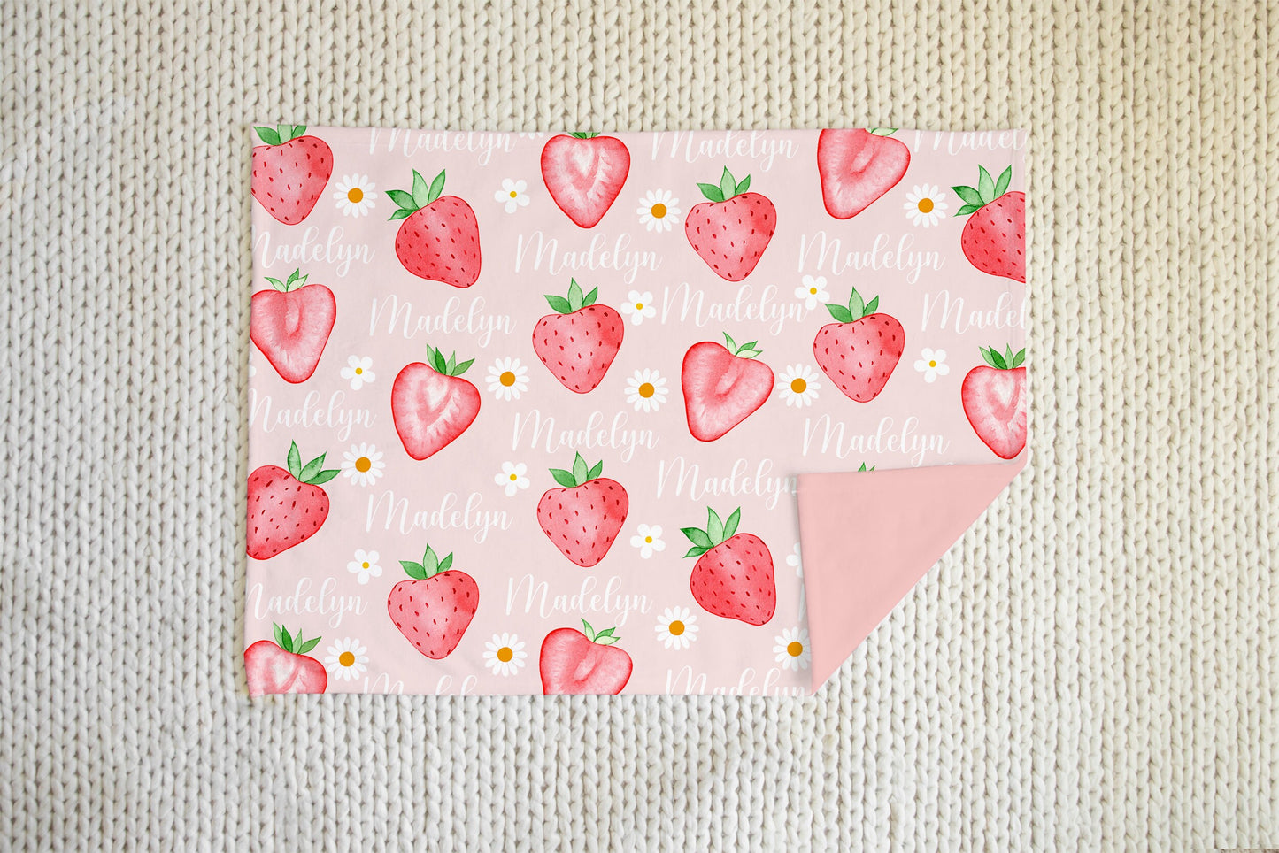 Strawberry Daisy Personalized Baby blanket, custom name blanket, Baby Shower Gift, Nursery Blanket, Crib Blanket, Newborn Photos Prop