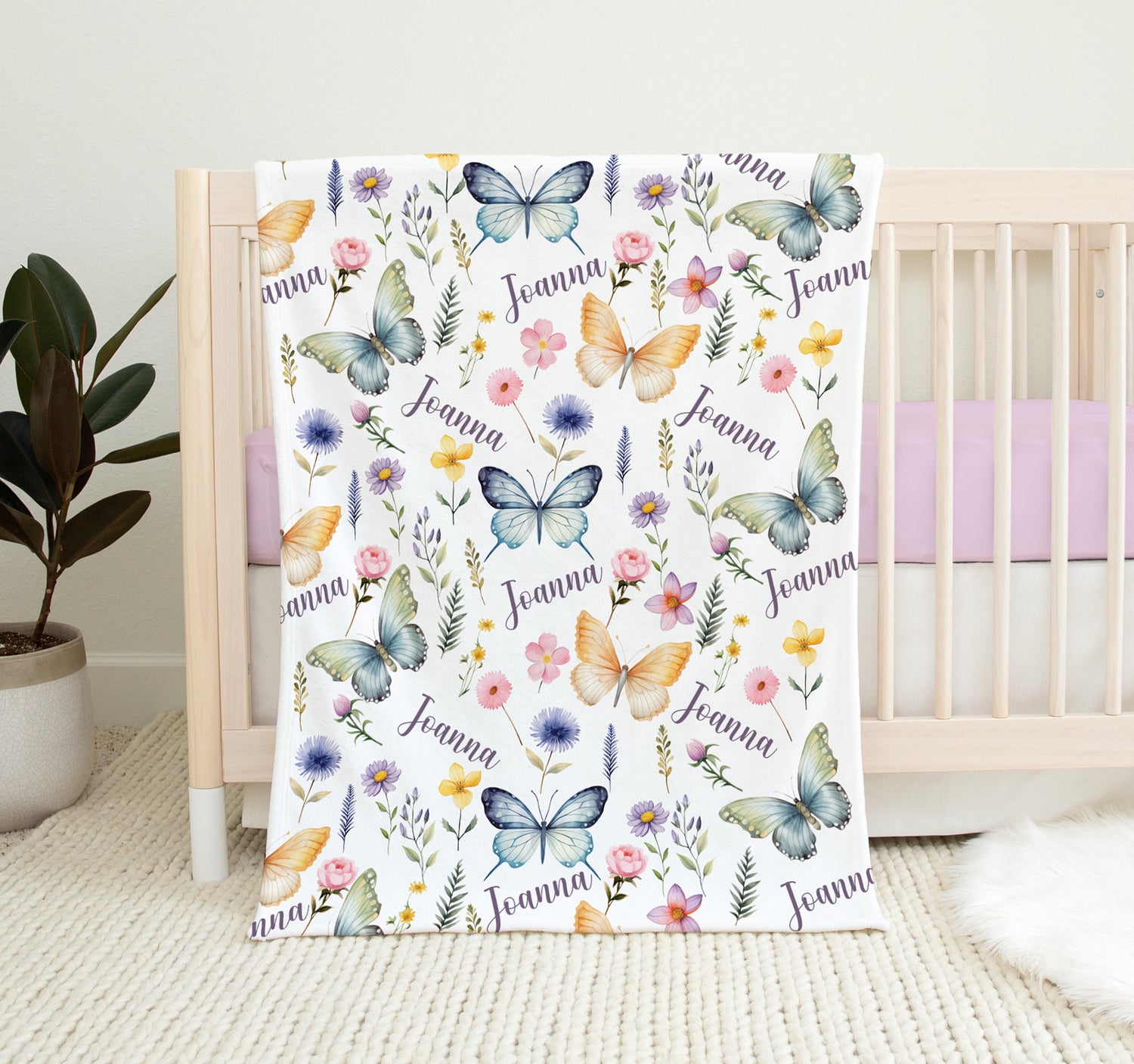 Wild Flower Butterfly blanket, custom name blanket, personalized baby blanket