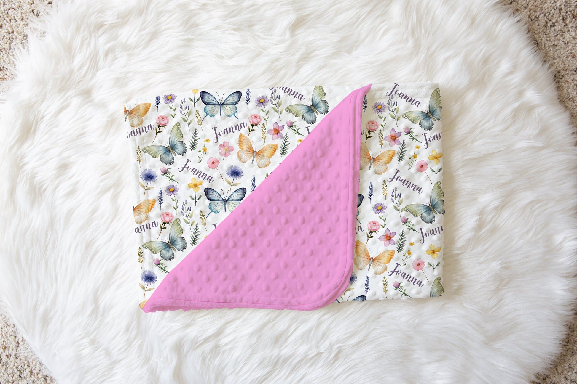 Wild Flower Butterfly blanket, custom name blanket, personalized baby blanket