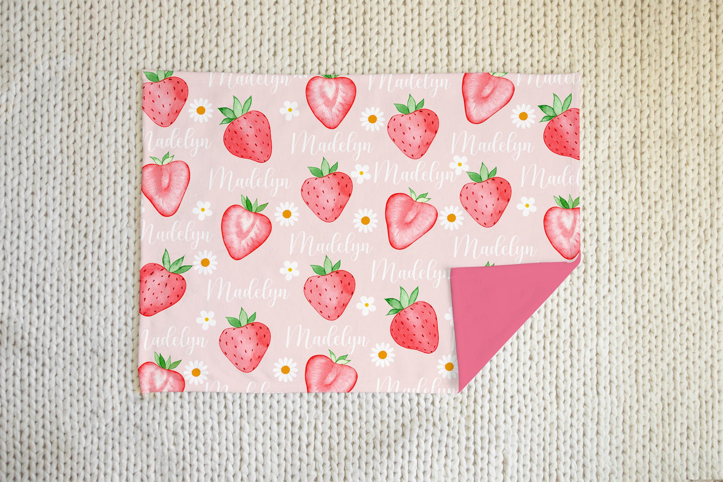Strawberry Daisy Personalized Baby blanket, custom name blanket, Baby Shower Gift, Nursery Blanket, Crib Blanket, Newborn Photos Prop
