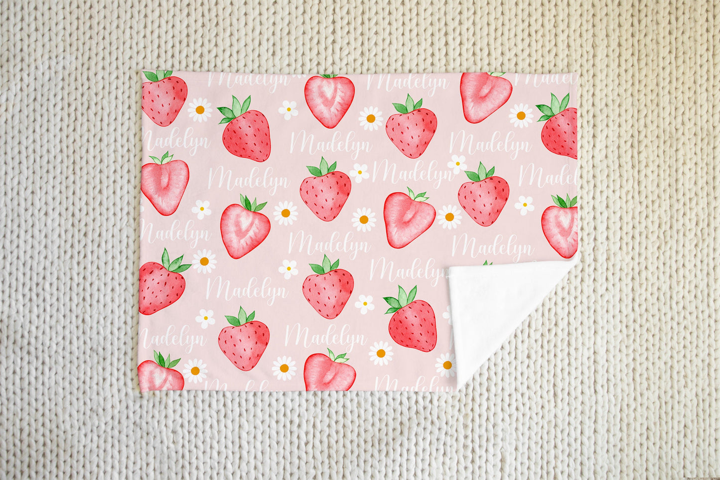 Strawberry Daisy Personalized Baby blanket, custom name blanket, Baby Shower Gift, Nursery Blanket, Crib Blanket, Newborn Photos Prop