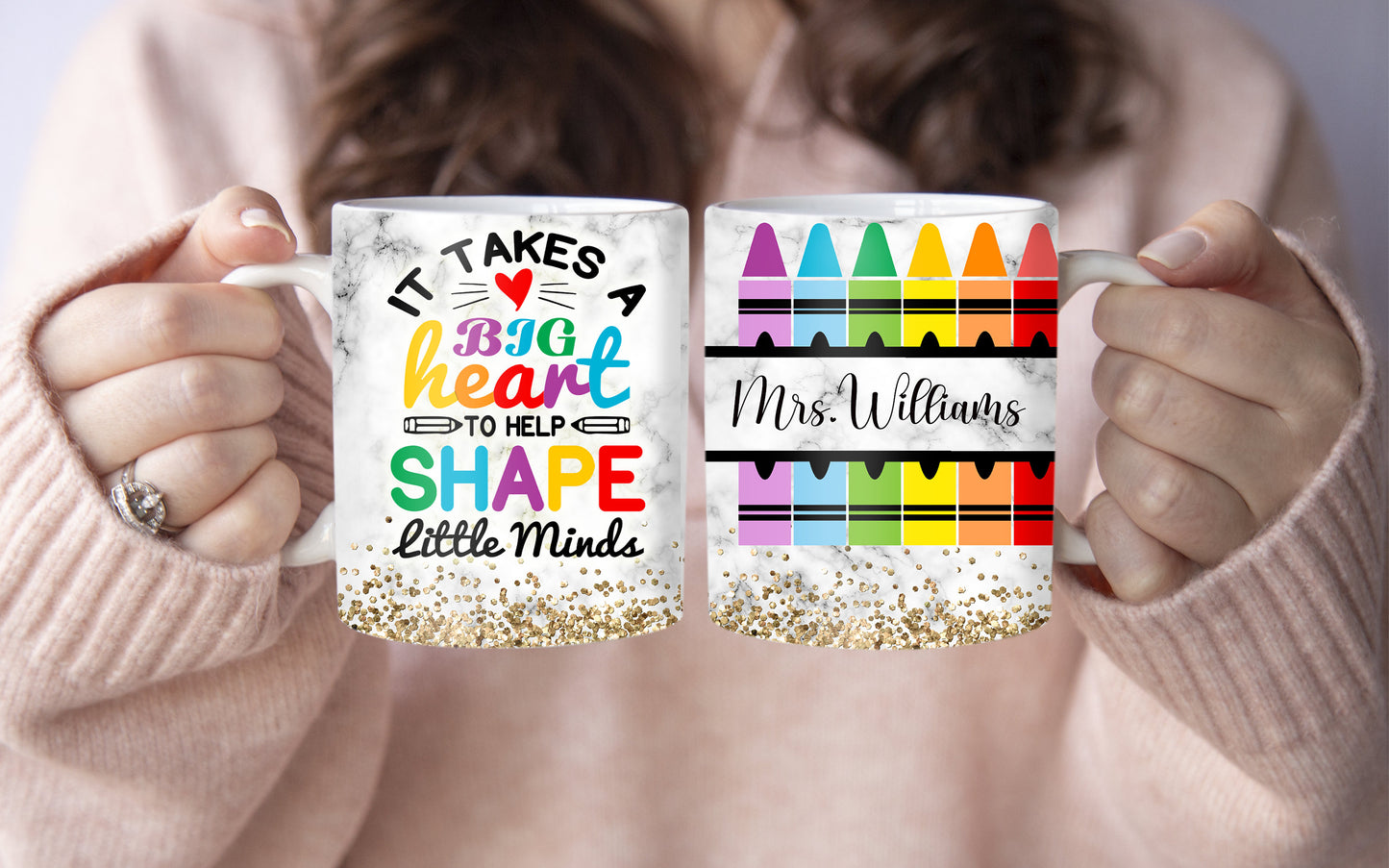 Teacher Appreciation Gift, Teacher Gift Mug, It takes a big heart to help shape little minds, Crayon Mug with Name Mug